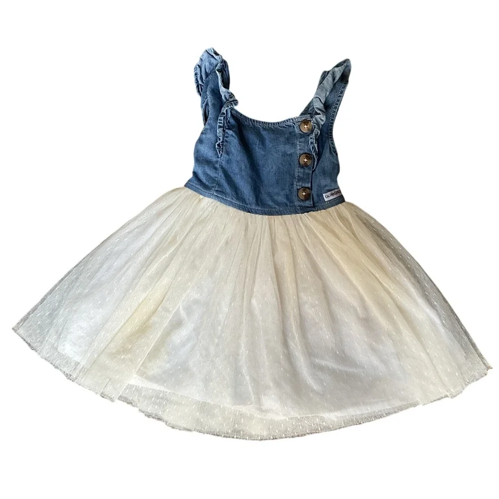 Calvin Klein Jeans Toddler Girls Denim Tulle Dress Size 2T Blue Ivory Sleeveless